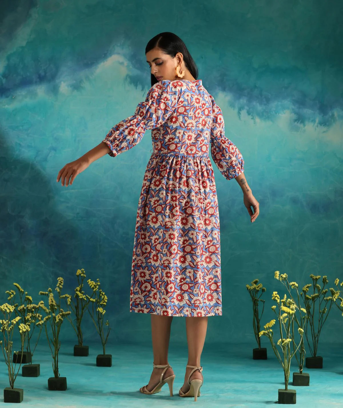 Hand Block Print Dress Floral fields- Deep neck floral dress with flouncy sleeves