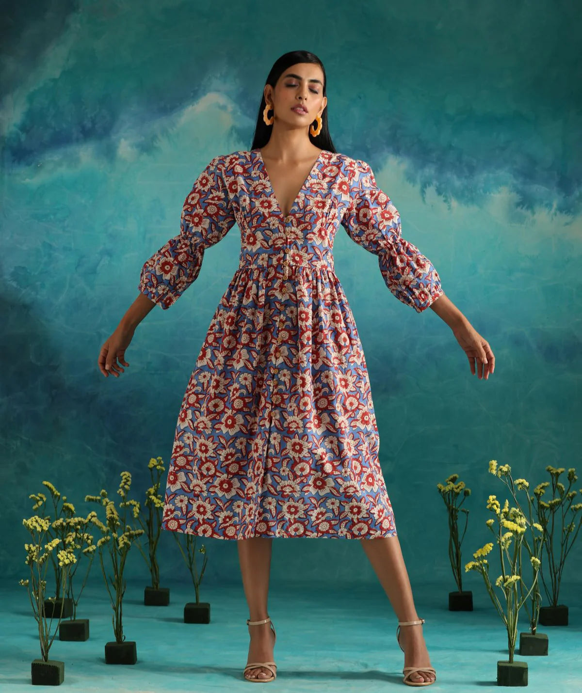Hand Block Print Dress Floral fields- Deep neck floral dress with flouncy sleeves