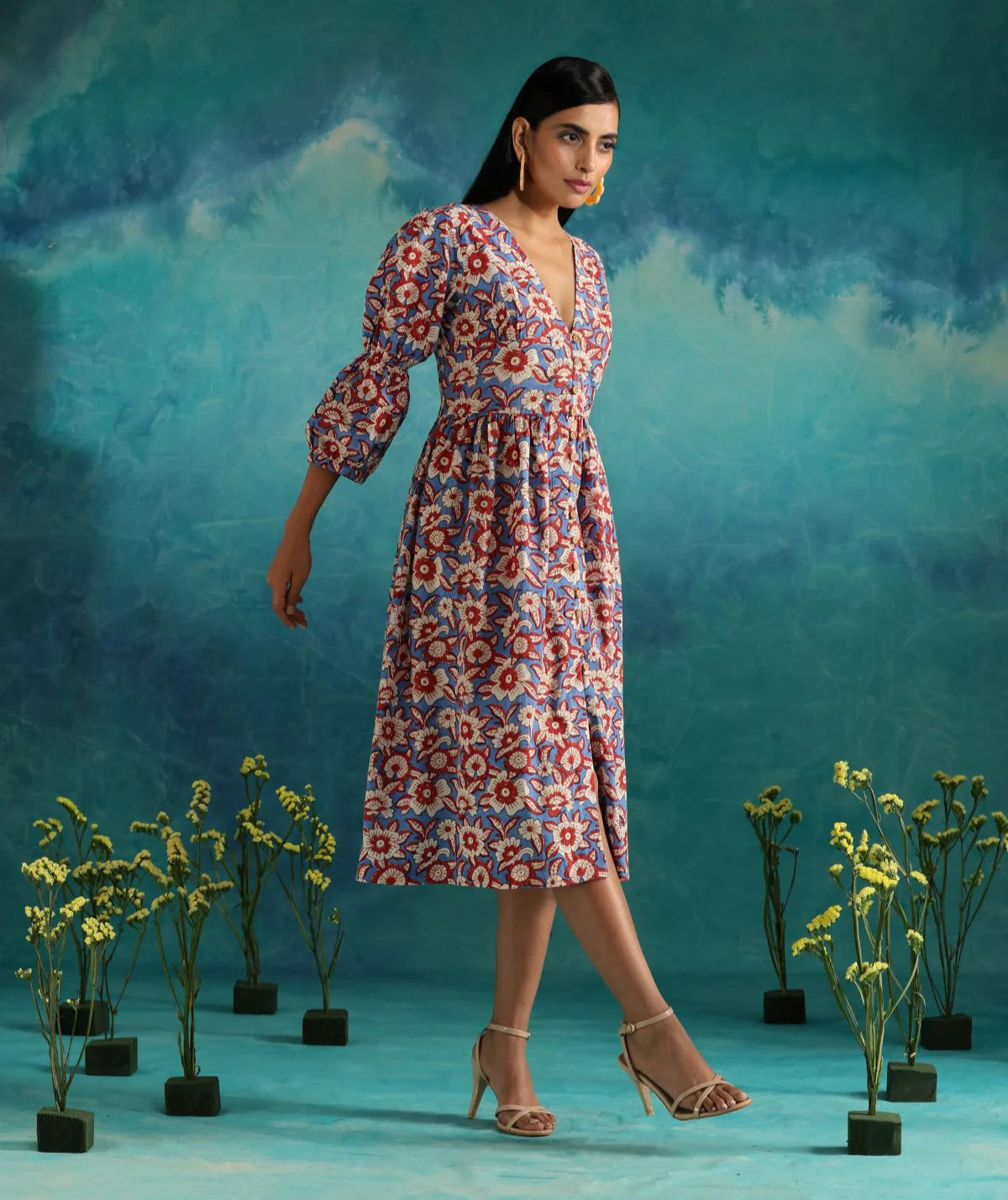 Hand Block Print Dress Floral fields- Deep neck floral dress with flouncy sleeves
