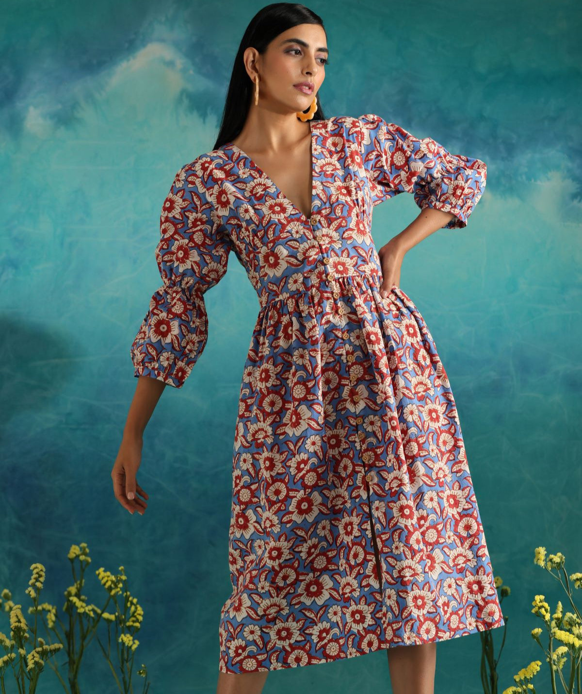 Hand Block Print Dress Floral fields- Deep neck floral dress with flouncy sleeves