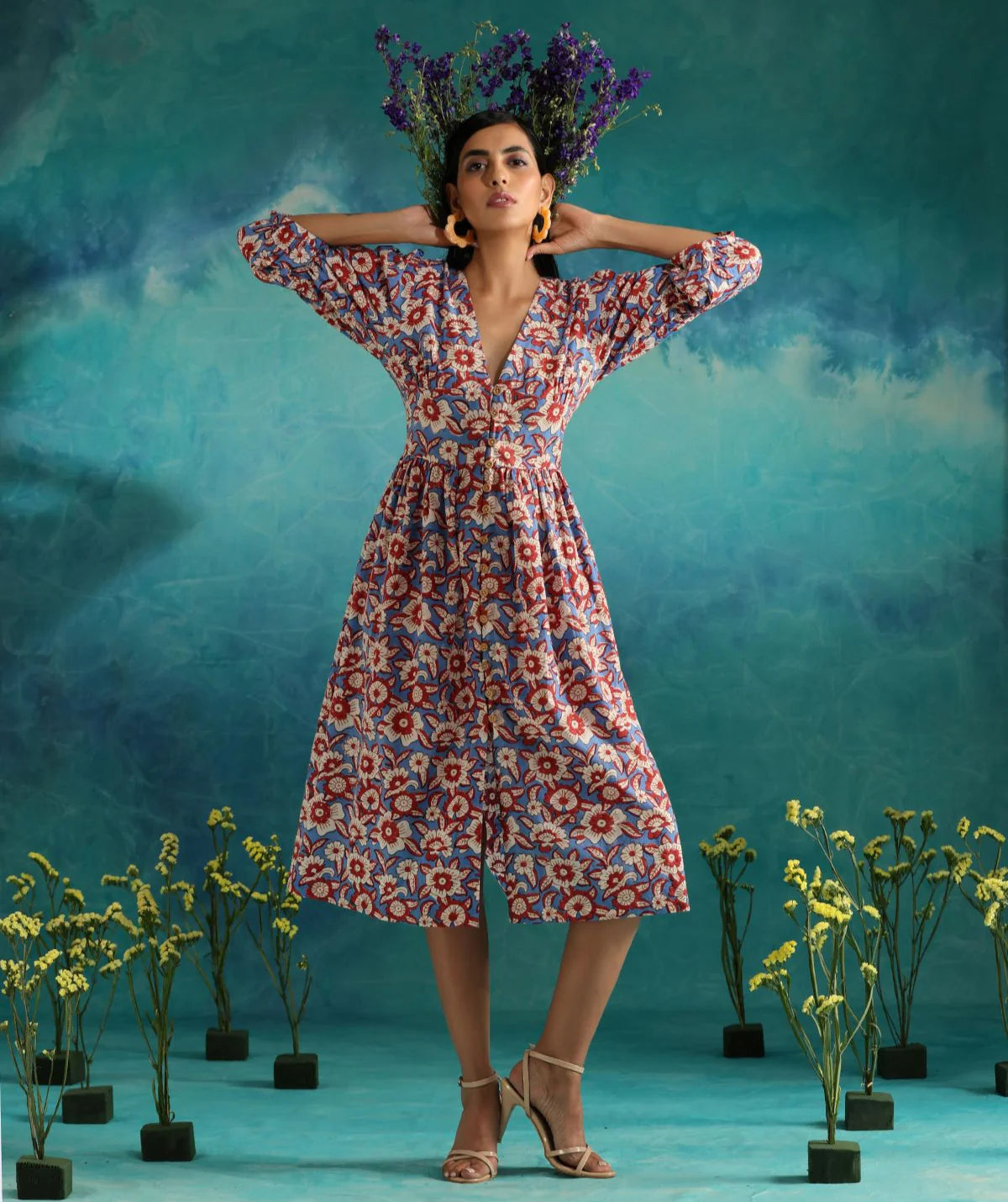Hand Block Print Dress Floral fields- Deep neck floral dress with flouncy sleeves