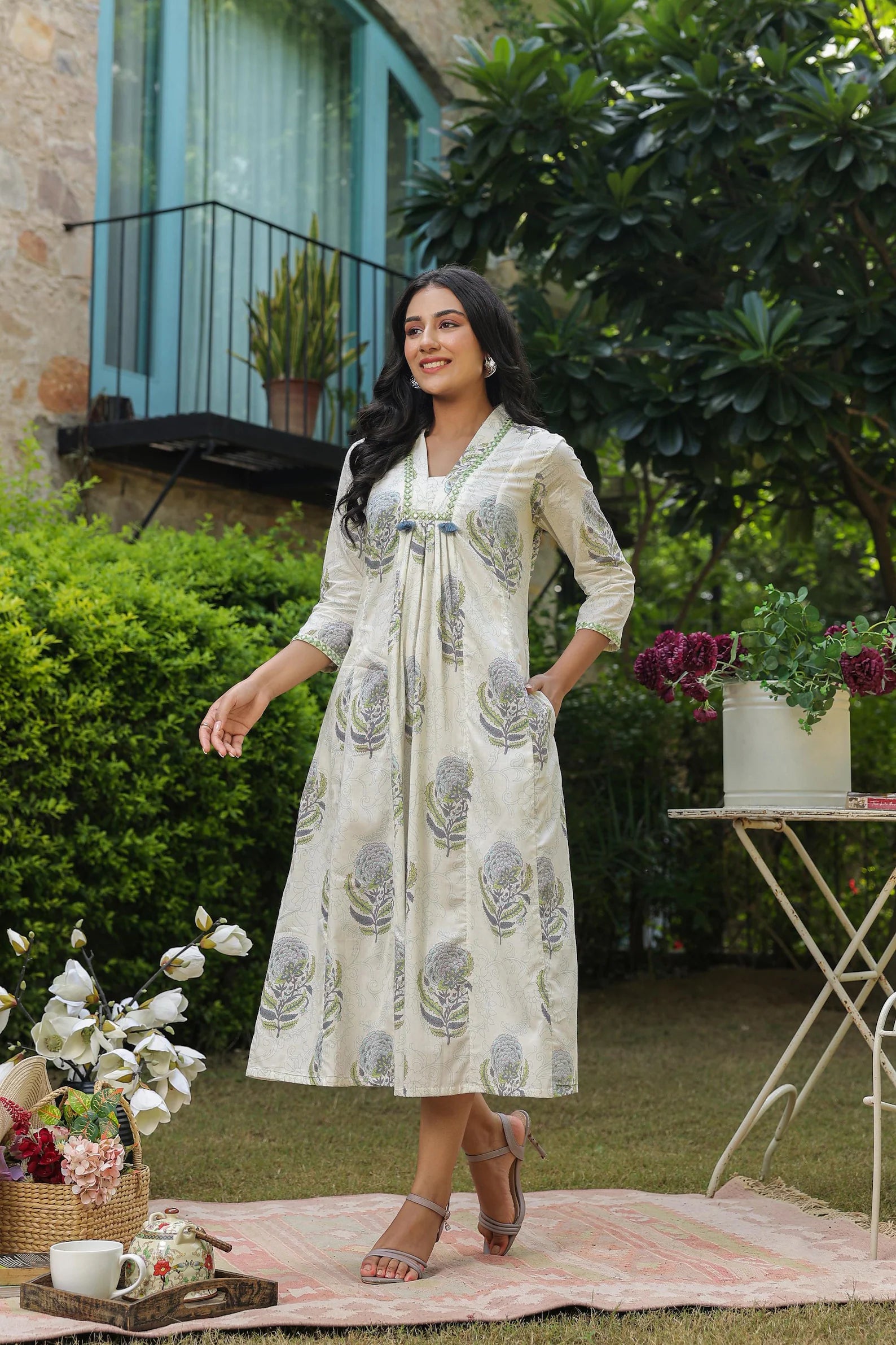 White A-Line Dress with hand block printed Boota, Mirrorless & Tassel Detailing