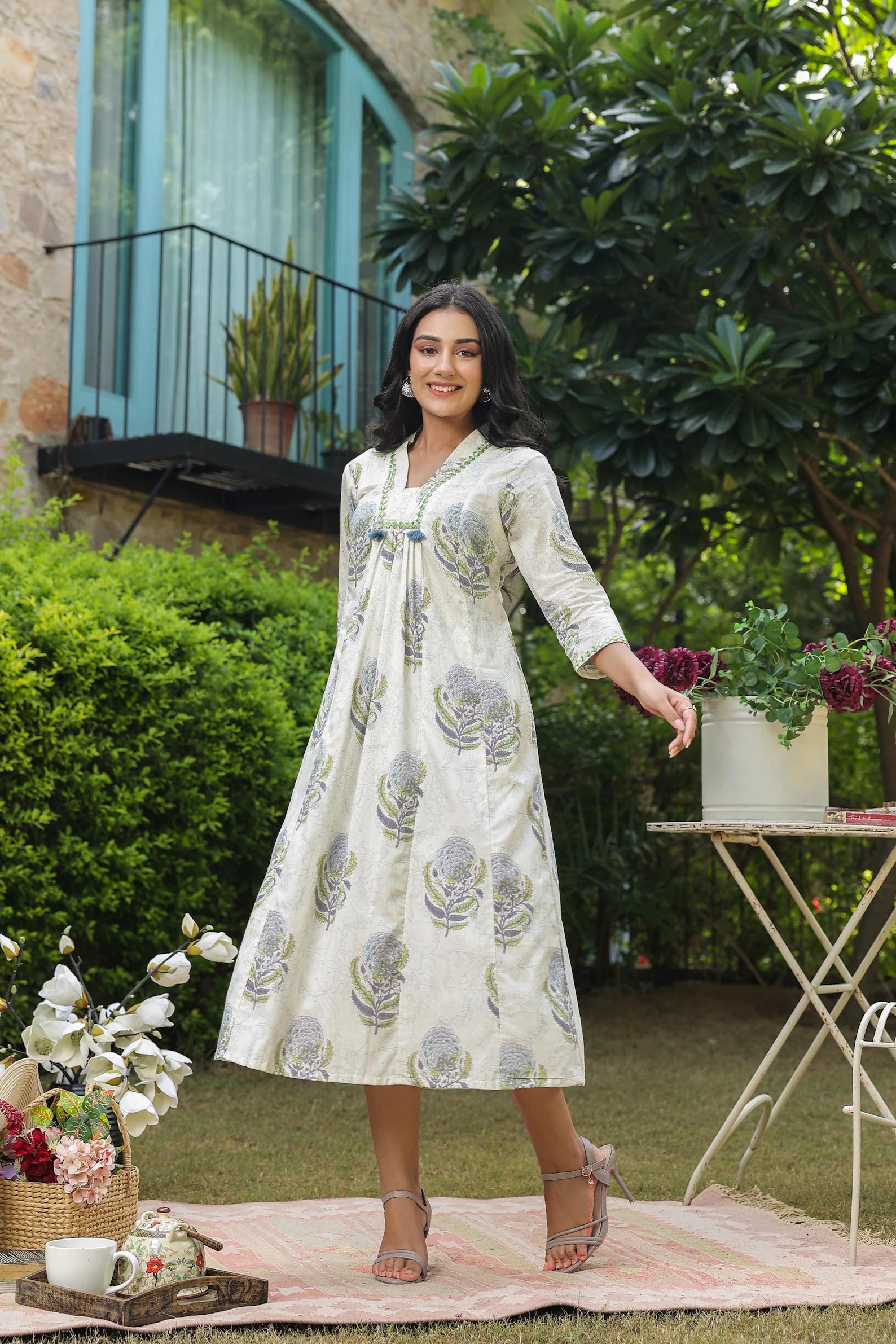 White A-Line Dress with hand block printed Boota, Mirrorless & Tassel Detailing