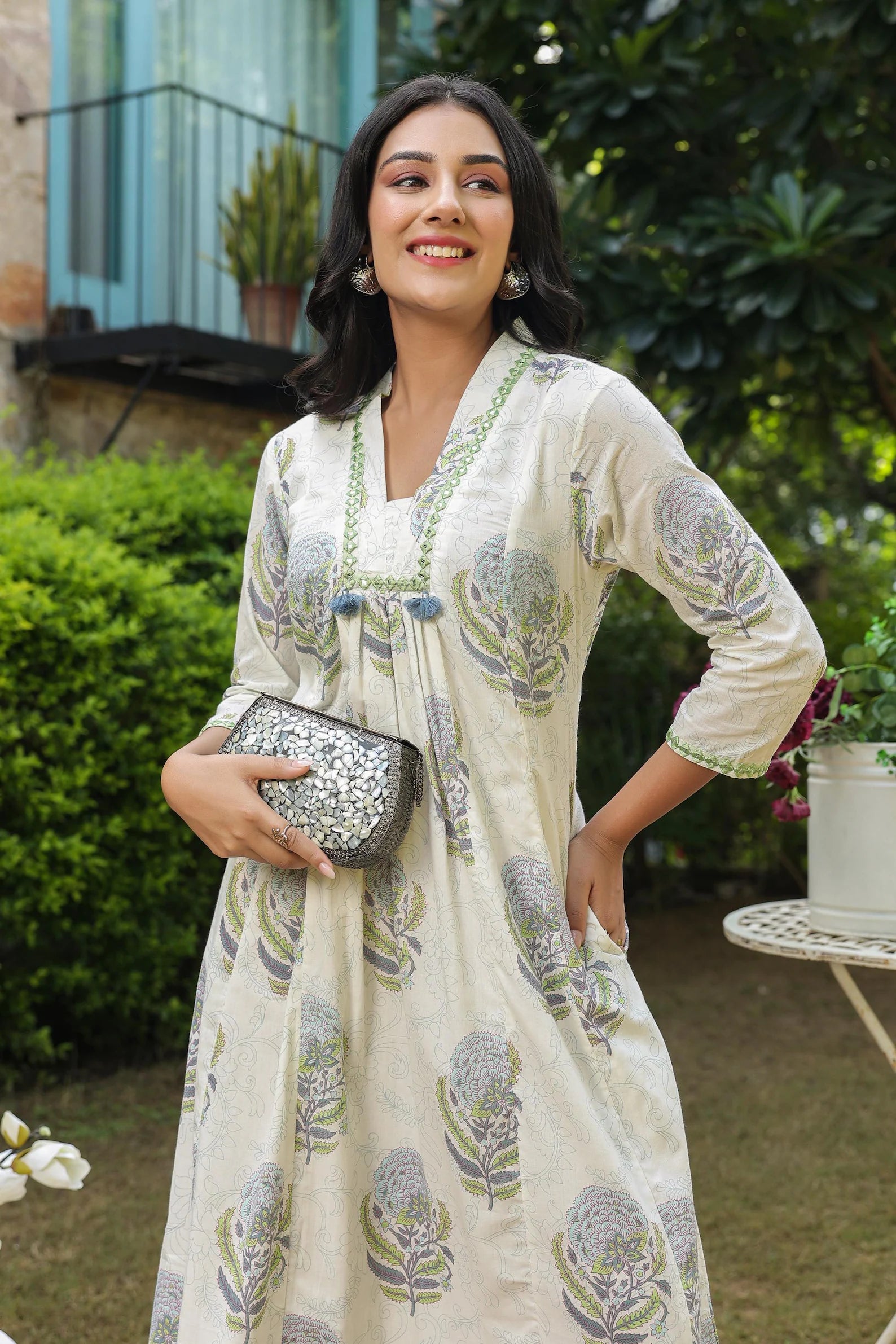 White A-Line Dress with hand block printed Boota, Mirrorless & Tassel Detailing