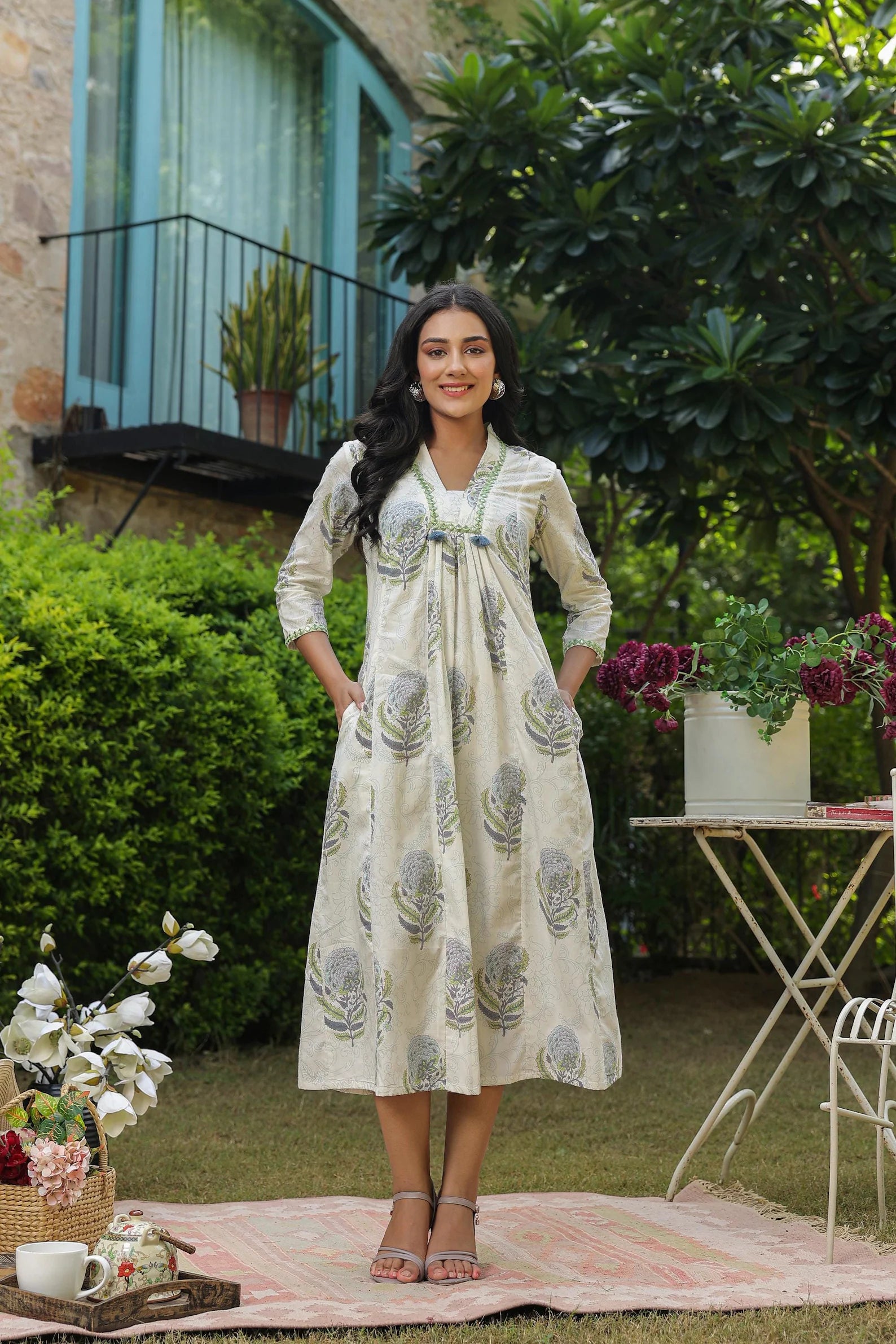 White A-Line Dress with hand block printed Boota, Mirrorless & Tassel Detailing