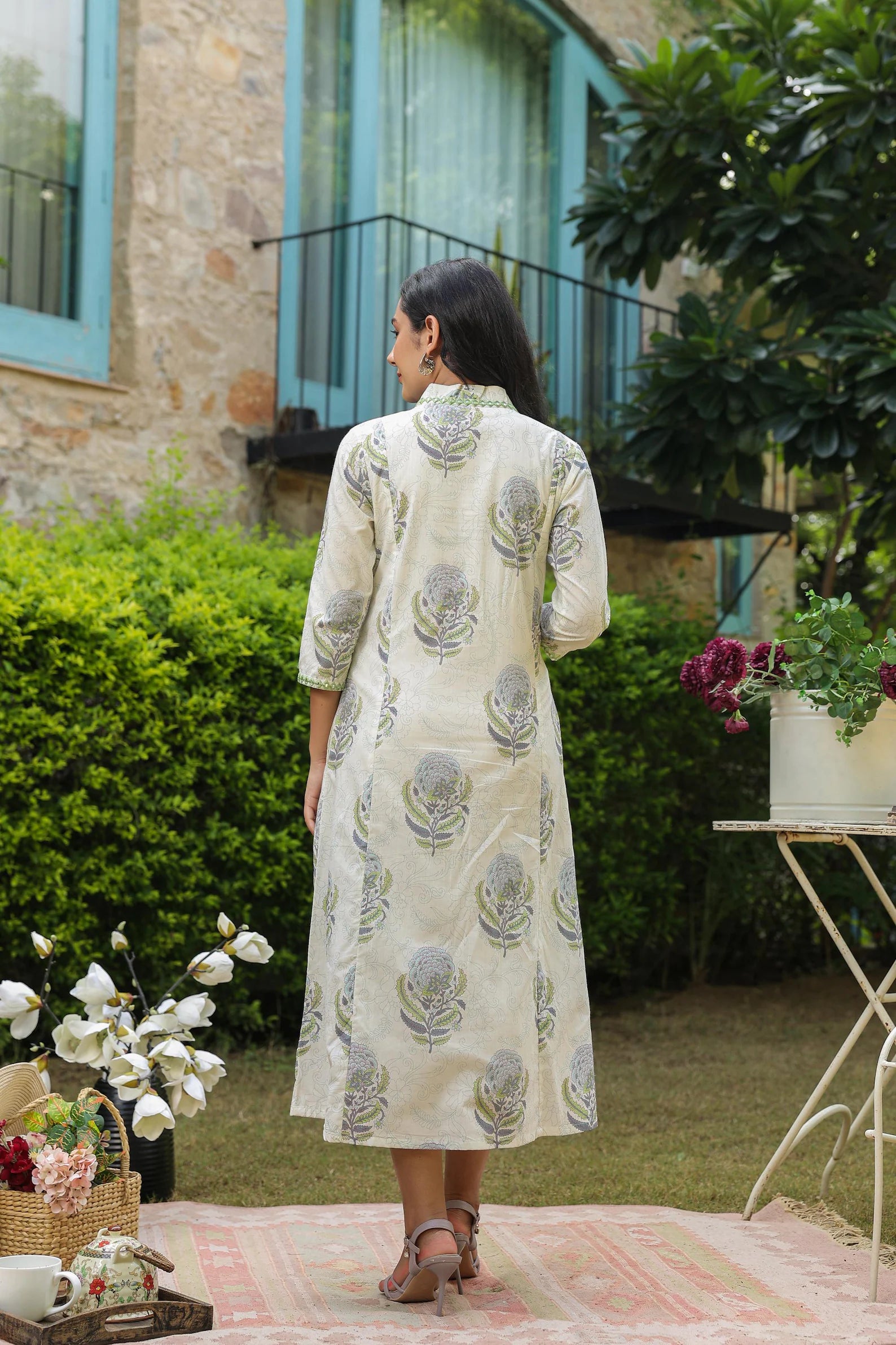 White A-Line Dress with hand block printed Boota, Mirrorless & Tassel Detailing