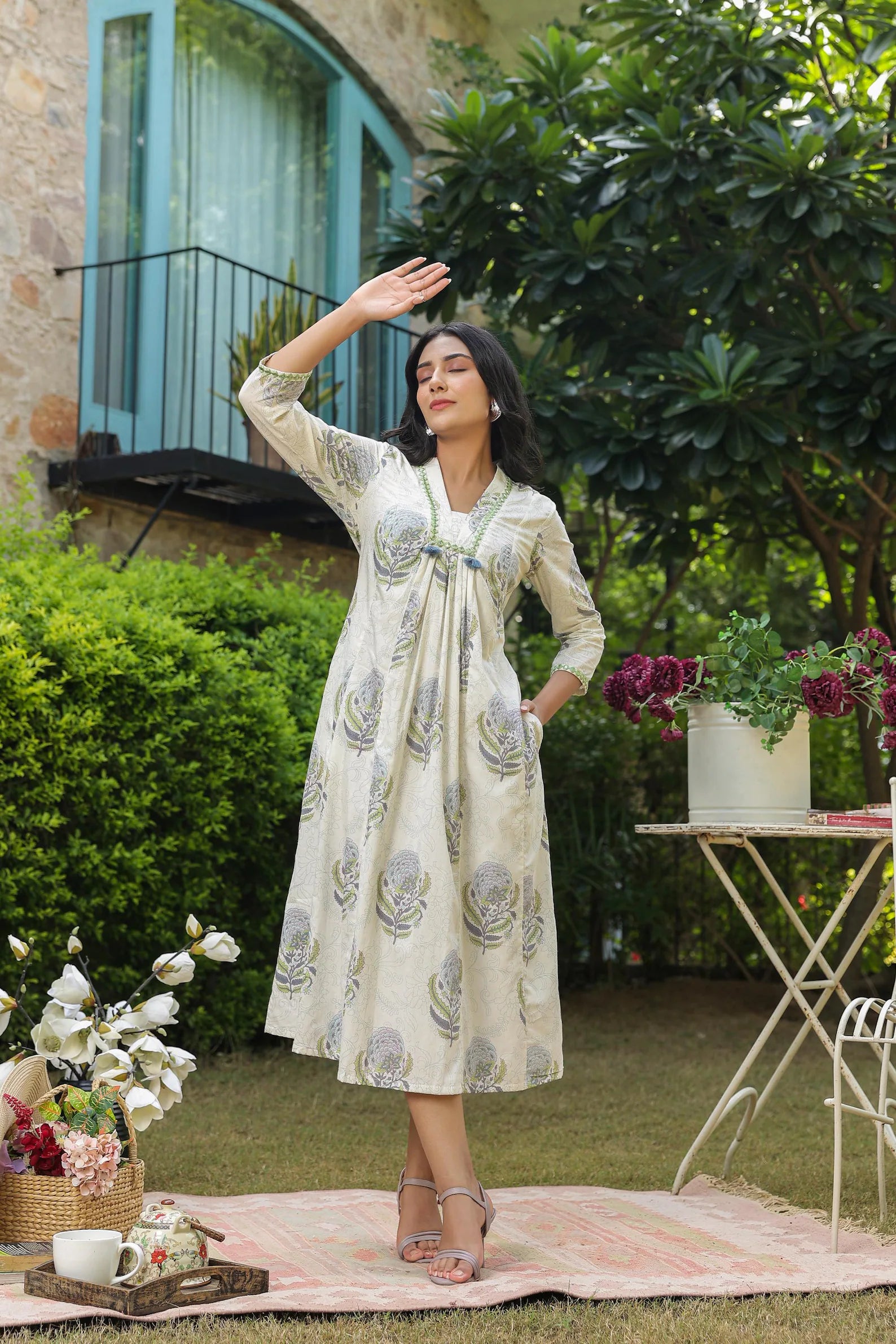 White A-Line Dress with hand block printed Boota, Mirrorless & Tassel Detailing